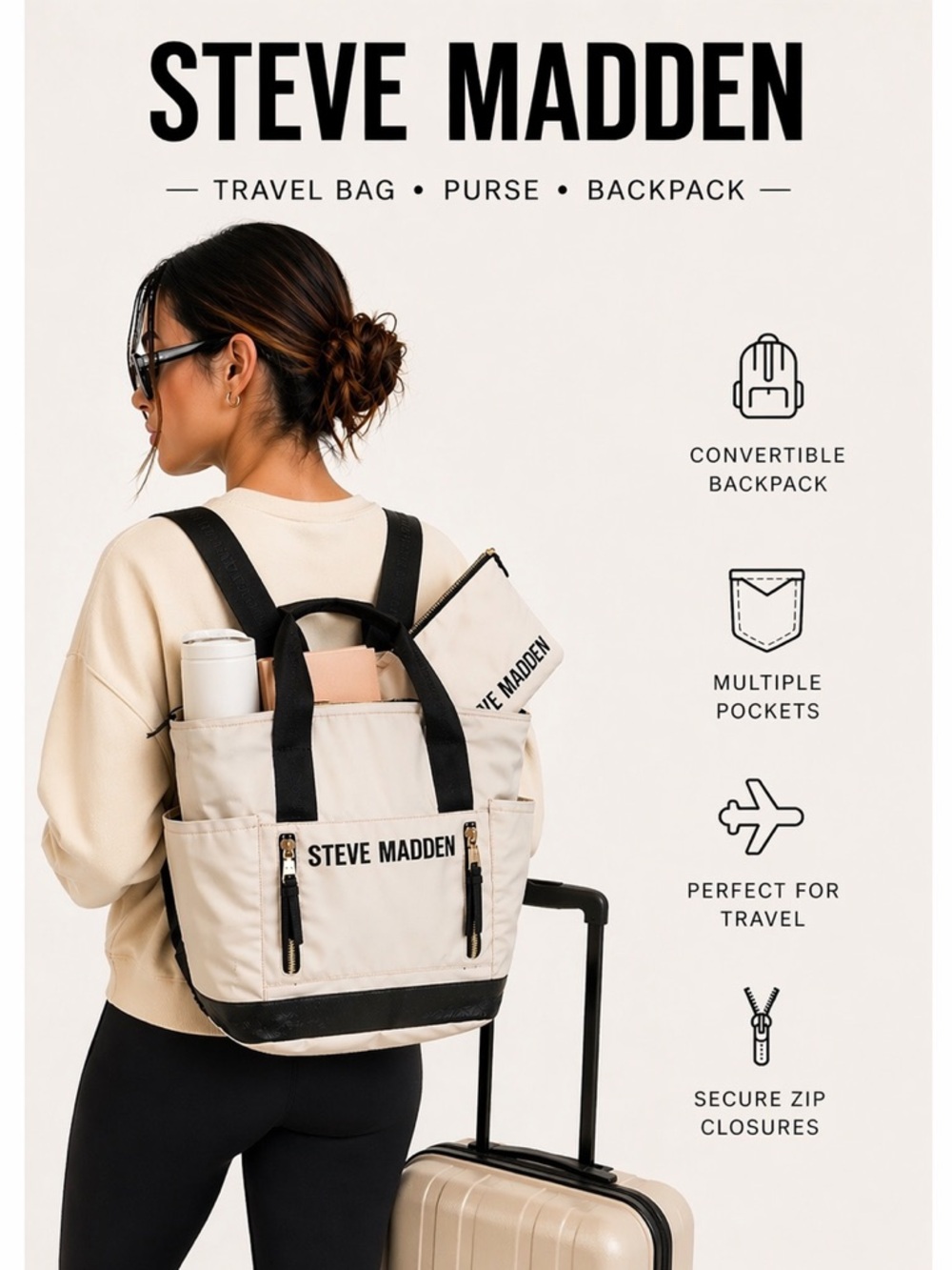 Steve Madden Travel Backpack Convertible Tote Cream Black NWT w/ Pouch - Picture 12 of 12